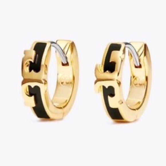 New Tory Burch Gold Logo Black Small Huggie Hoop Earings - Picture 1 of 3